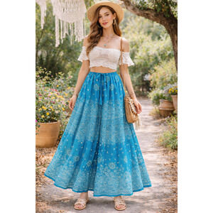 Embellished Boho Teal Paisley Maxi Skirt Size M 100% Cotton Festival Cottagecore